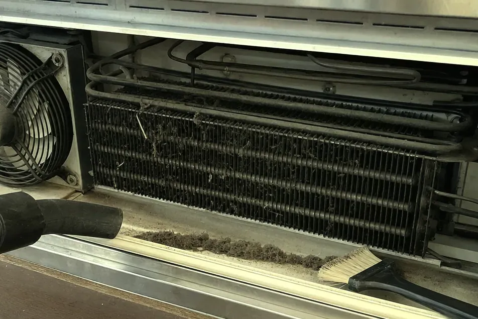 Condenser coil matted with lint and dust behind a removed grille, a vacuum hose and brush working along it.