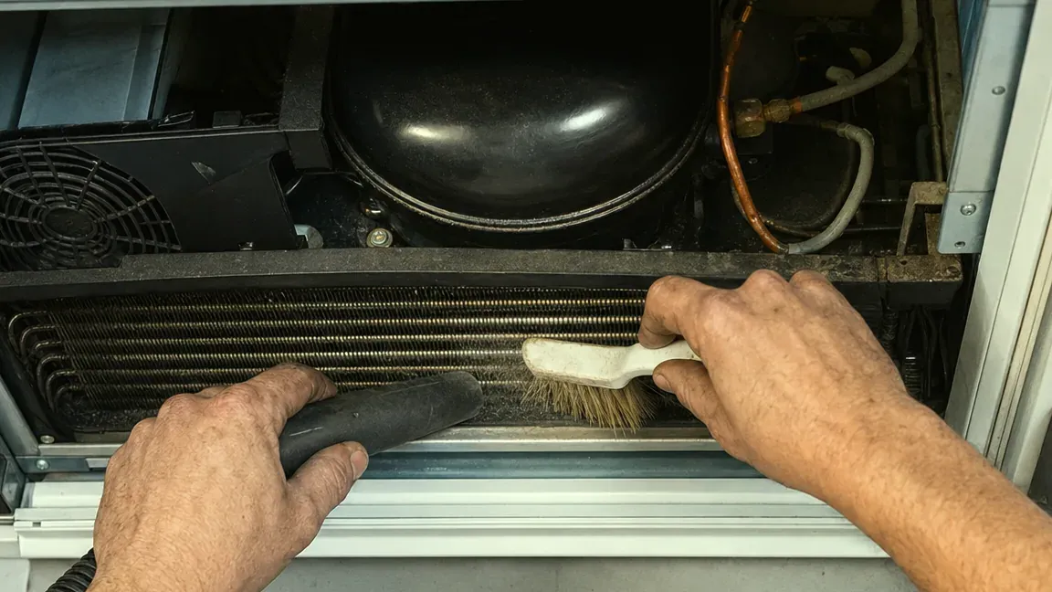 Hands clearing dust from a condenser coil with a brush and a vacuum nozzle, the compressor and fan behind.
