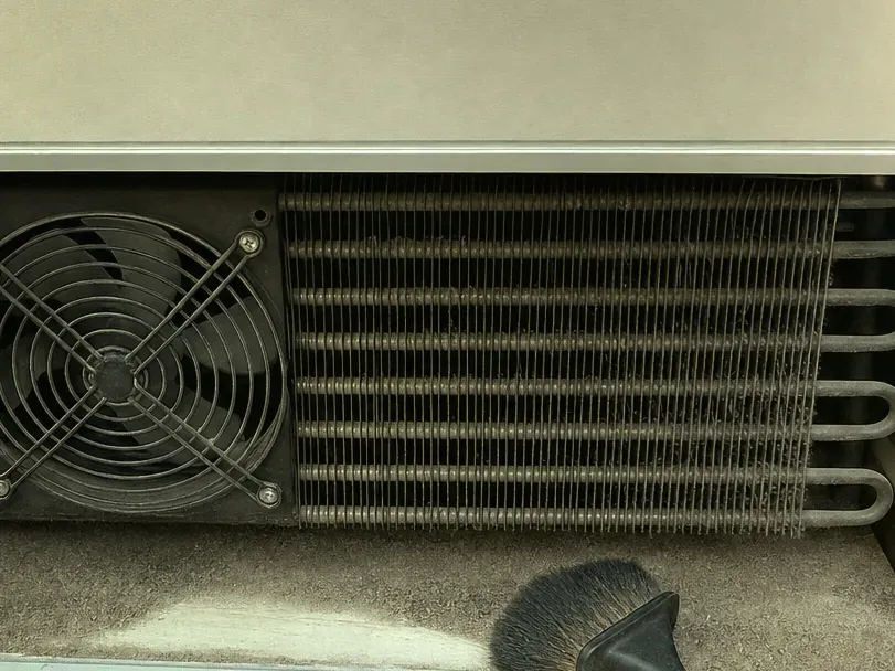 Dust-coated condenser coil beside its fan, a vacuum brush at the bottom of the frame.